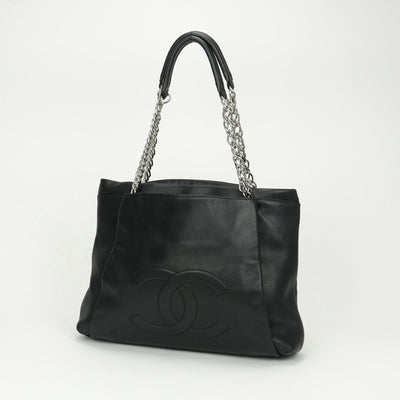 CHANEL 샤넬 체인 토트 백 체인 토트 가방 가방 토트 백 캐비어 피부 검은 검은 실버 하드웨어 캐비어 피부 큰 코코 숄더백