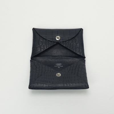 エルメス HERMES カルヴィ 財布 コインケース 小銭入れ アリゲーター クロコダイル ブルーマリン Bluemarine ネイビー Navy 紺 シルバー金具 名刺入れ