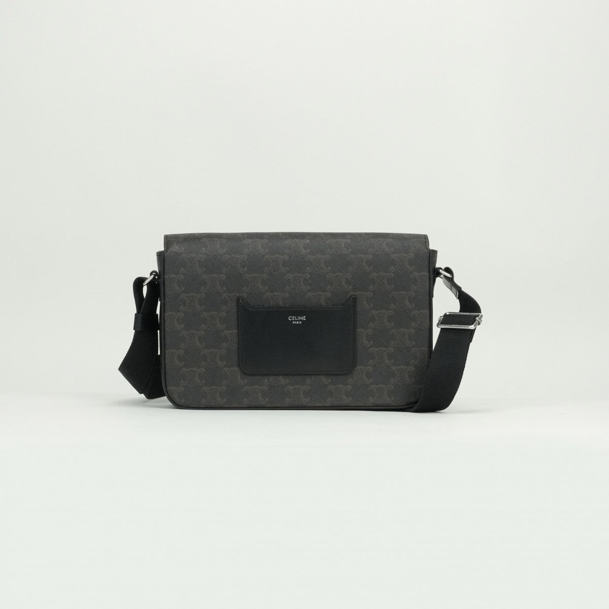 CELINE CELINE Flap Messenger Bag Shoulder Bag Triomphe Canvas Calfskin Black Silver Hardware CELINETriomphe Messenger Shoulder Bag