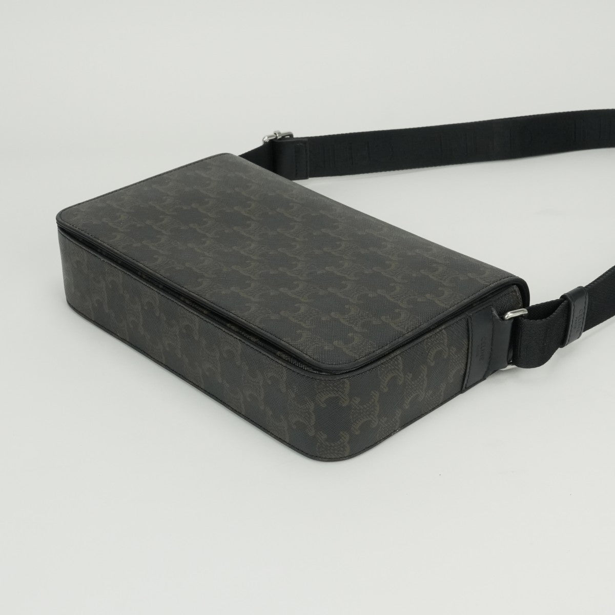 CELINE CELINE Flap Messenger Bag Shoulder Bag Triomphe Canvas Calfskin Black Silver Hardware CELINETriomphe Messenger Shoulder Bag