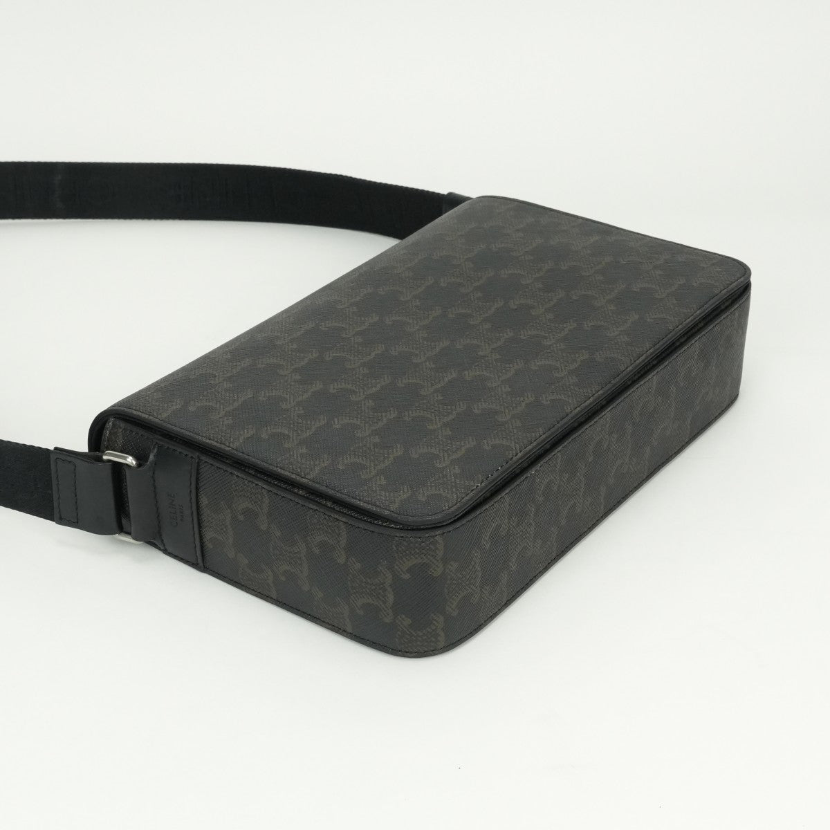 CELINE CELINE Flap Messenger Bag Shoulder Bag Triomphe Canvas Calfskin Black Silver Hardware CELINETriomphe Messenger Shoulder Bag