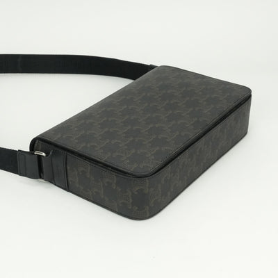 CELINE CELINE Flap Messenger Bag Shoulder Bag Triomphe Canvas Calfskin Black Silver Hardware CELINETriomphe Messenger Shoulder Bag