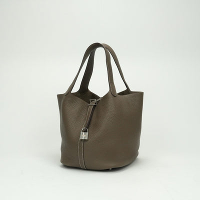 HERMES 爱马仕 Picotin lock MM Picotin lock MM Picotin lock 22 袋手提袋Torillon Clemence etoupe灰色银硬件
