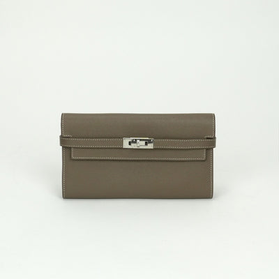 エルメス HERMES ケリーウォレット ケリーウォレットロング 財布 長財布 ロングウォレット エプソン エトゥープ Etoupe グレー Gray シルバー金具 ヴォーエプソン