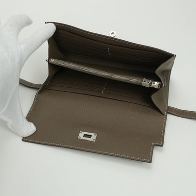 エルメス HERMES ケリーウォレット ケリーウォレットロング 財布 長財布 ロングウォレット エプソン エトゥープ Etoupe グレー Gray シルバー金具 ヴォーエプソン