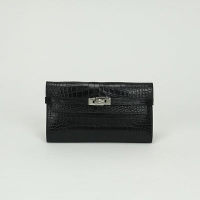エルメス HERMES ケリーウォレット ケリーウォレットロング 財布 長財布 ロングウォレット アリゲーター クロコダイル ノワール Noir ブラック black 黒 シルバー金具 エキゾチック マットアリゲーター　ロングウォレット