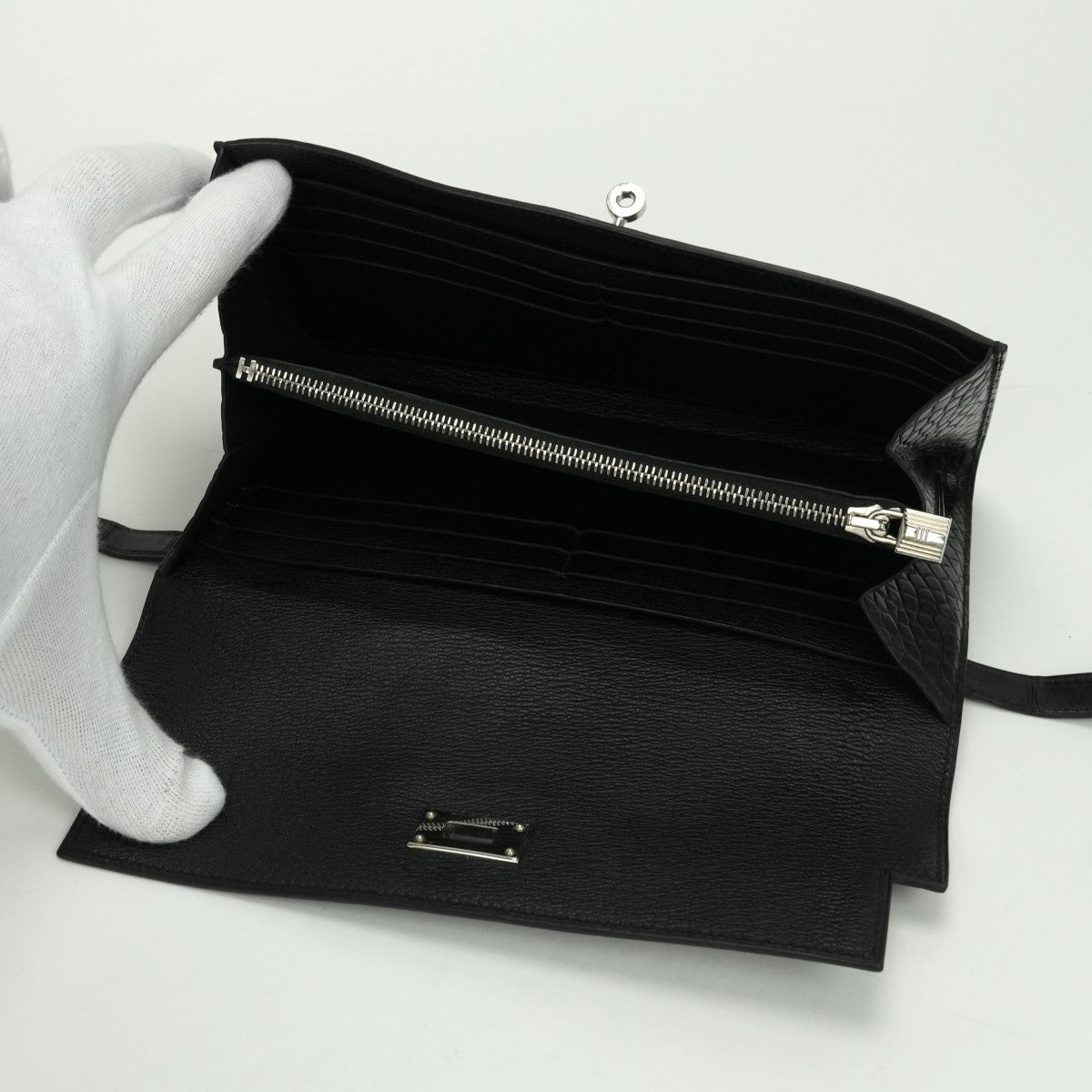 エルメス HERMES ケリーウォレット ケリーウォレットロング 財布 長財布 ロングウォレット アリゲーター クロコダイル ノワール Noir ブラック black 黒 シルバー金具 エキゾチック マットアリゲーター　ロングウォレット