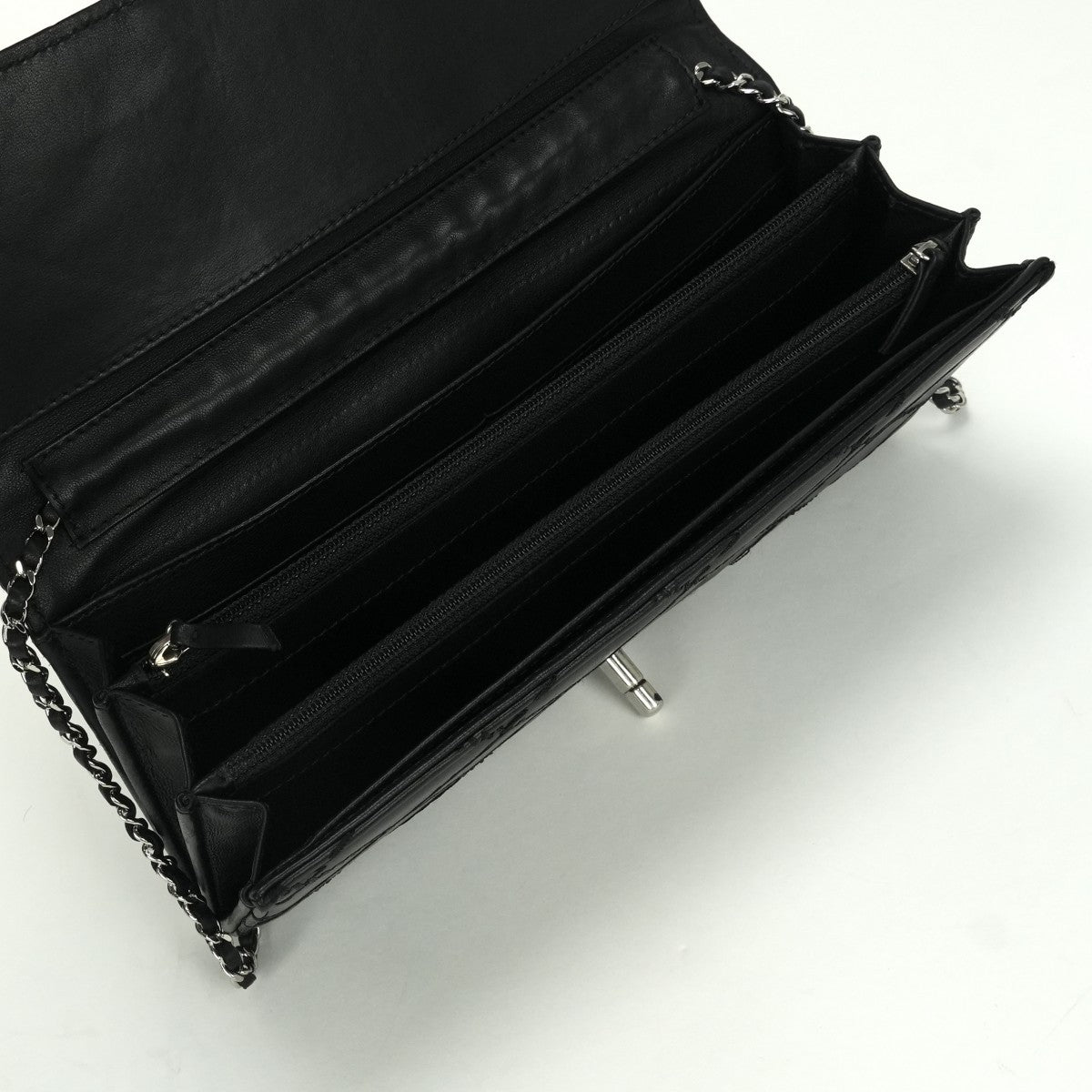 シャネル CHANEL ウルトラステッチ 財布 長財布 ロングウォレット ラムスキン ブラック Black 黒 シルバー金具 チェーンウォレット チェーンバッグ クラッチバッグ