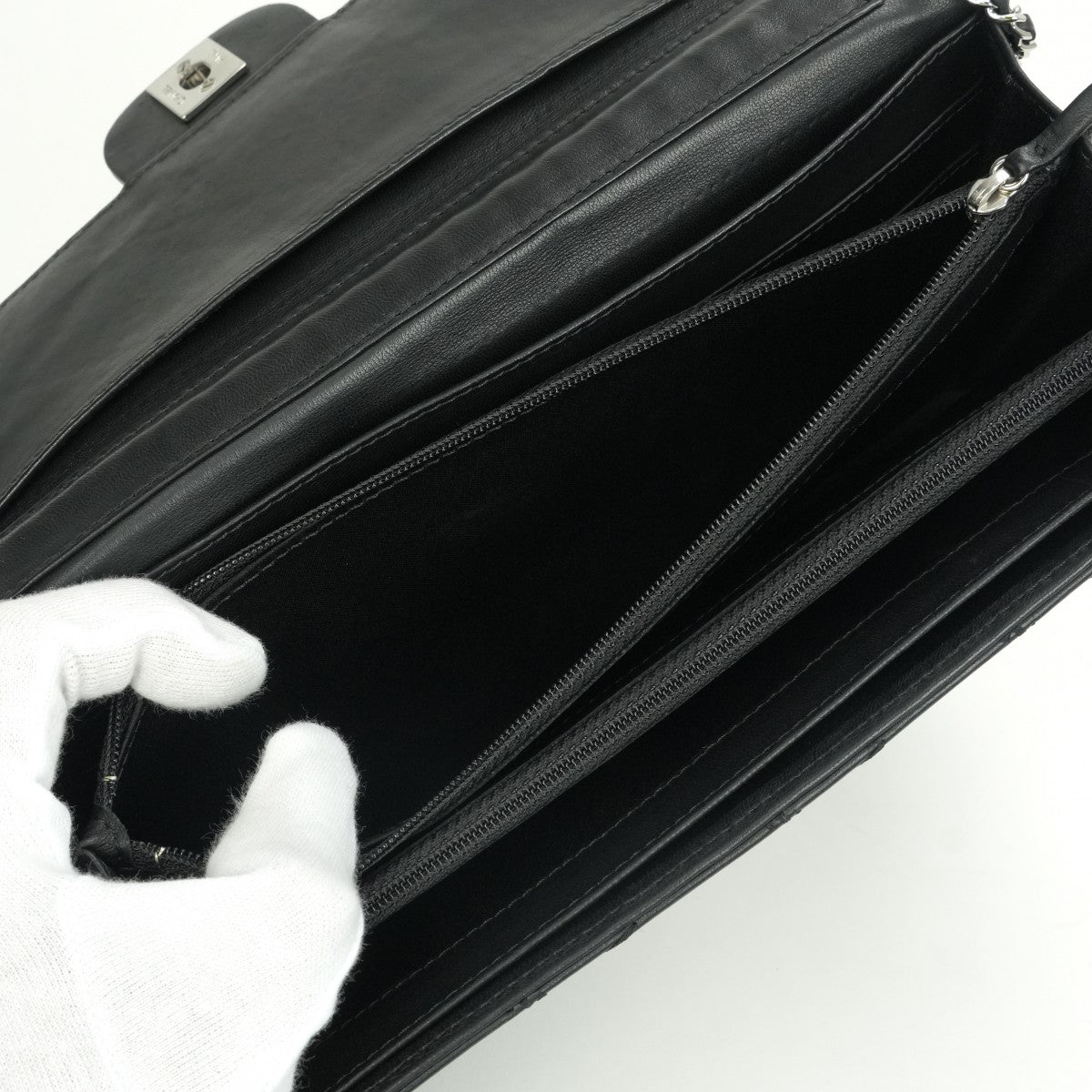 シャネル CHANEL ウルトラステッチ 財布 長財布 ロングウォレット ラムスキン ブラック Black 黒 シルバー金具 チェーンウォレット チェーンバッグ クラッチバッグ