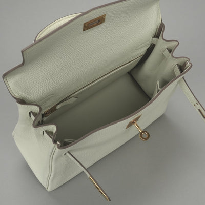 HERMES 爱马仕 Kelly 25 Kelly 25 包袋 托特包 单肩包 Togo 蘑菇白色 白金五金 手提包 2Way V 形五金