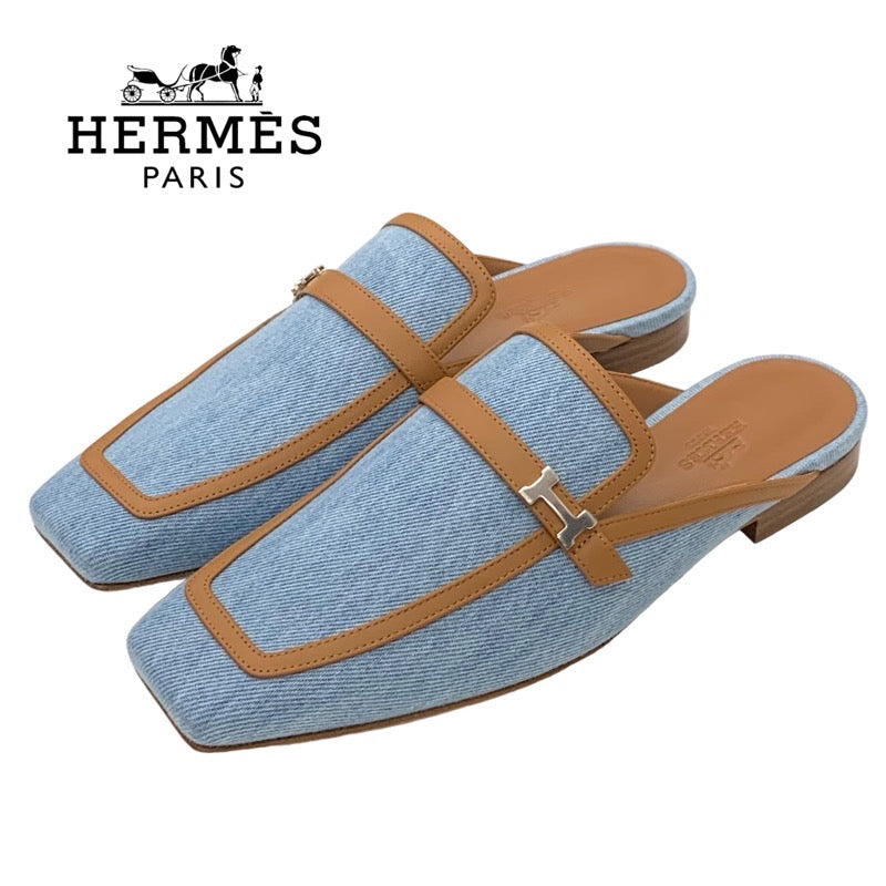 エルメス HERMES グルーピー フラットシューズ 靴 シューズ デニム レザー ライトブルー 未使用 ミュール スリッパサンダル H金具