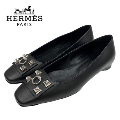 エルメス HERMES デリケート パンプス 靴 シューズ レザー ブラック 黒 シルバー フラットパンプス フラットシューズ コリエドシアン スタッズ