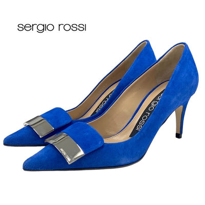 未使用 セルジオロッシ sergio rossi sr1 パンプス 靴 シューズ ロゴプレート スエード ブルー シルバー