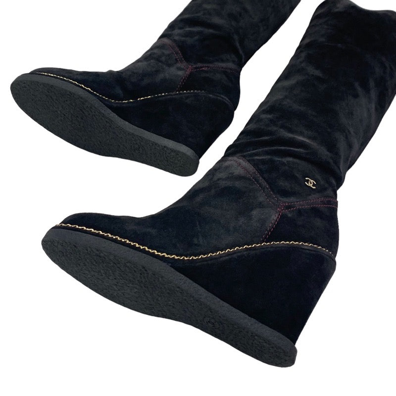 シャネル CHANEL ブーツ ロングブーツ 靴 シューズ ココマーク チェーン ウェッジソール スエード ブラック 黒