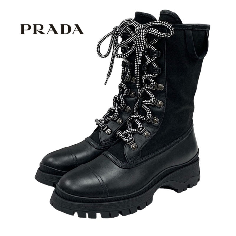 プラダ PRADA ブーツ ショートブーツ ミドルブーツ 靴 シューズ レースアップ レザー ファブリック ブラック 黒