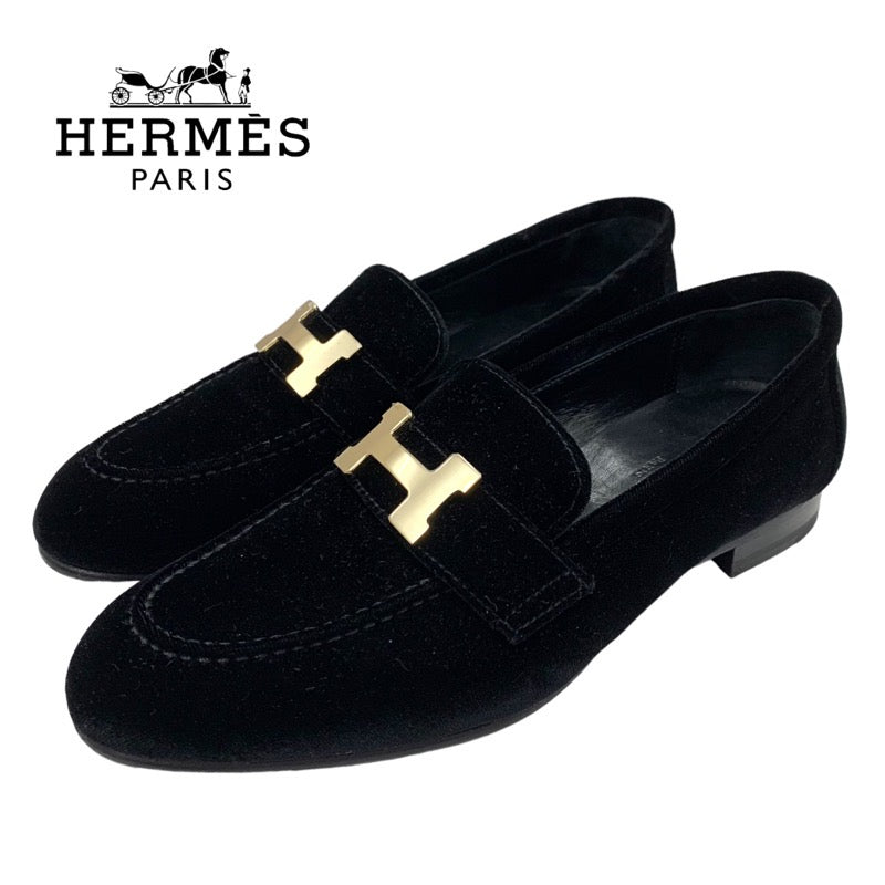 エルメス HERMES パリ ローファー 革靴 モカシン フラットシューズ H金具 靴 シューズ ベロア ブラック 黒