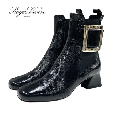 ロジェヴィヴィエ Roger Vivier ブーツ ショートブーツ 靴 シューズ ストラスバックル サイドゴア シワ加工 レザー ブラック 黒